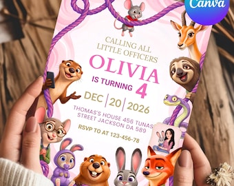 Zootopia 2 Geburtstag einladen bearbeitbare Vorlage, Zootopia digitaler Download, Judy Hopps, Zootropolis Einladung Digital Download Canva Vorlage