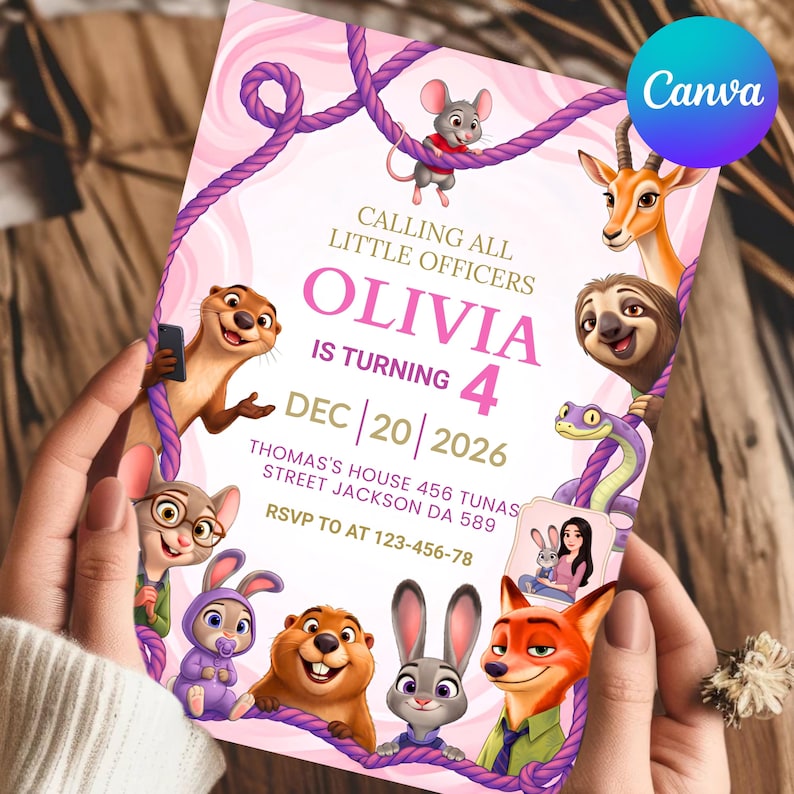 Puede incluir: Una tarjeta de invitaci&oacute;n de cumplea&ntilde;os rectangular con fondo rosa, bordes de cuerda morada y varios animales de dibujos animados. El texto dice: CALLING ALL LITTLE OFFICERS OLIVIA IS TURNING 4 DEC 20 2026 THOMAS'S HOUSE 456 TUNAS STREET JACKSON DA 589 RSVP TO AT 123-456-78.