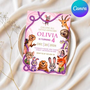 Puede incluir: Una tarjeta de invitaci&oacute;n de cumplea&ntilde;os rectangular con fondo rosa, bordes de cuerda morada y varios personajes de animales. El texto dice: CALLING ALL LITTLE OFFICERS OLIVIA IS TURNING 4 DEC 20 2026 THOMAS'S HOUSE 456 TUNAS STREET JACKSON DA 589 RSVP TO AT 123-456-78.