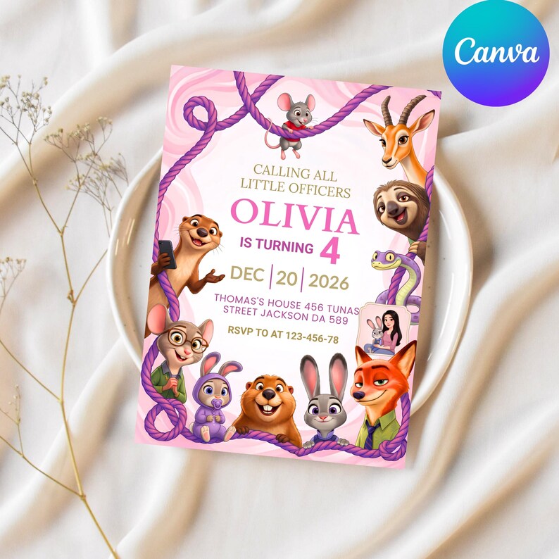 Puede incluir: Una tarjeta de invitaci&oacute;n de cumplea&ntilde;os rectangular con fondo rosa, bordes de cuerda morada y varios personajes de animales. El texto dice: CALLING ALL LITTLE OFFICERS OLIVIA IS TURNING 4 DEC 20 2026 THOMAS'S HOUSE 456 TUNAS STREET JACKSON DA 589 RSVP TO AT 123-456-78.