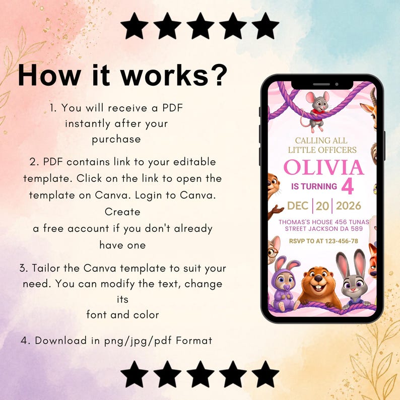 Puede incluir: Una plantilla de invitaci&oacute;n digital en la pantalla de un tel&eacute;fono inteligente con personajes de animales, el texto CALLING ALL LITTLE OFFICERS, OLIVIA IS TURNING 4, DEC 20 2026, e instrucciones para editar la plantilla usando Canva.
