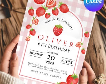 Beere Erste Geburtstagseinladung | Bearbeitbare Canva Vorlage | Erdbeere rosa kariert + Aquarell Erdbeeren (Digitaler Download)