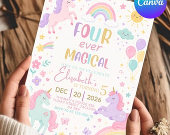 Bearbeitbare Einhorn-Geburtstagseinladung | Pastell Regenbogen Party einladen | 13x18 Druckbare Vorlage | Canva Vorlage