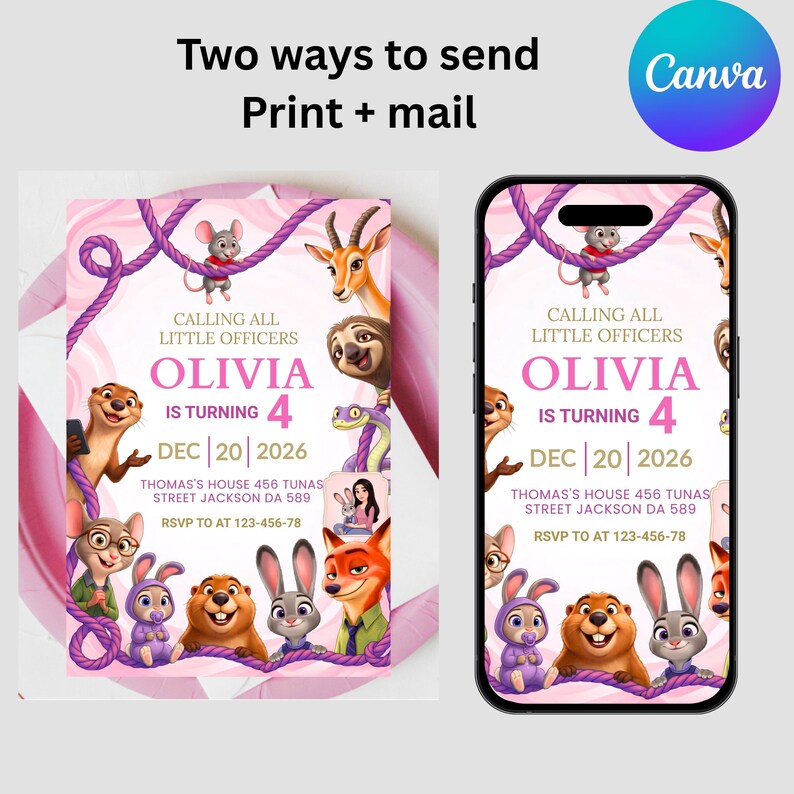 Puede incluir: Una plantilla de invitaci&oacute;n de cumplea&ntilde;os digital con personajes de Zootopia, detalles de cuerda rosa y morada, y el texto: CALLING ALL LITTLE OFFICERS OLIVIA IS TURNING 4 DEC 20 2026 THOMAS'S HOUSE 456 TUNAS STREET JACKSON DA 589 RSVP TO AT 123-456-78.