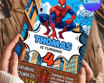 Invitación de Spider-Man, invitación digital para fiesta de cumpleaños infantil de Spider-Man, tarjeta de cumpleaños para niños, descarga digital, plantilla editable.