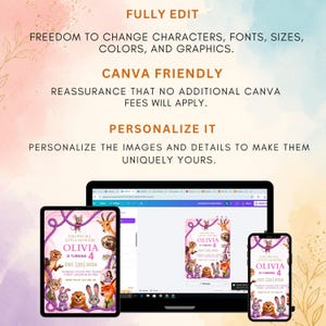 Puede incluir: Una plantilla de invitaci&oacute;n digital mostrada en una tableta, port&aacute;til y tel&eacute;fono inteligente. El dise&ntilde;o presenta animales de dibujos animados, acentos de cuerda morada y el texto "Calling all little officers, Olivia is turning 4, Dec 20 2026".