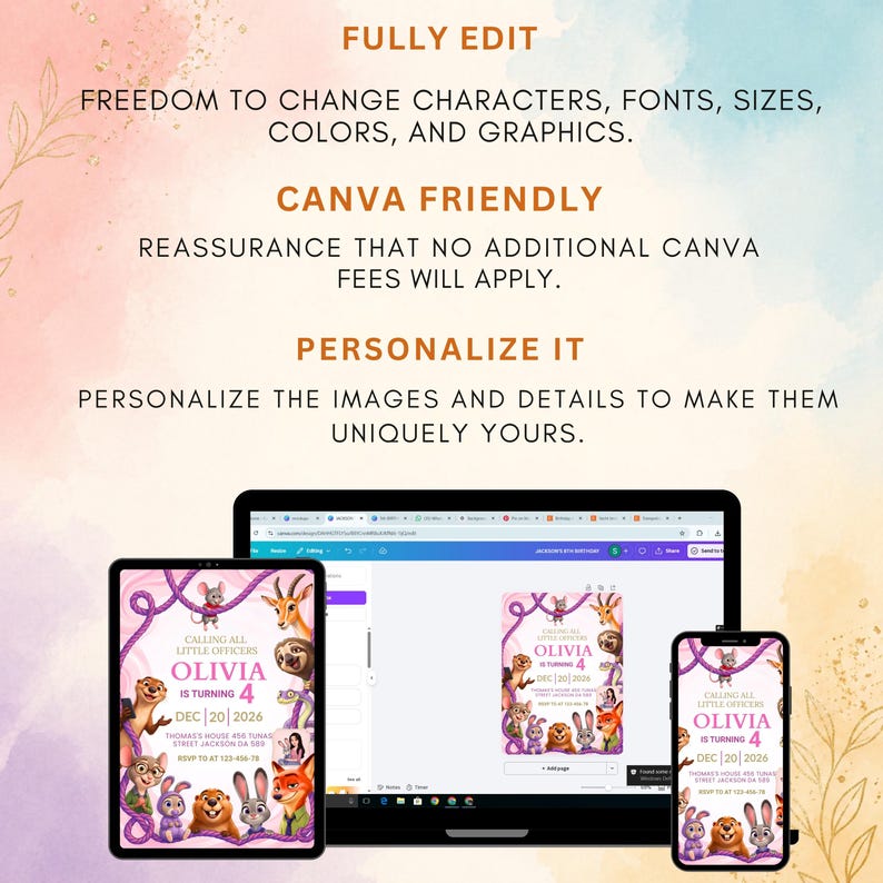 Puede incluir: Una plantilla de invitaci&oacute;n digital mostrada en una tableta, port&aacute;til y tel&eacute;fono inteligente. El dise&ntilde;o presenta animales de dibujos animados, acentos de cuerda morada y el texto "Calling all little officers, Olivia is turning 4, Dec 20 2026".