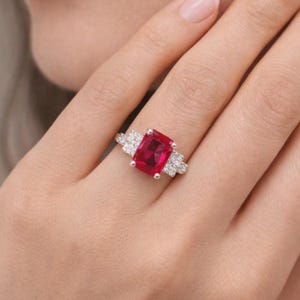 Anello in argento sterling con rubino imitazione, anello con gemma rossa taglio cuscino, anello di fidanzamento in stile vintage, anelli personalizzati.