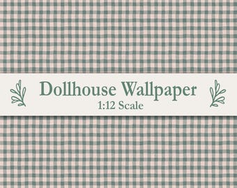 Sage Green Pink Gingham Dollhouse Wallpaper Miniature Print Mouse House Decor Whimsical Nursery Cottage Style Digital Download Dolls House