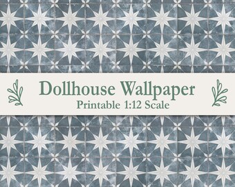 Blue Moroccan Star Tile Dollhouse Printable 1:12 Scale Miniature Bathroom Kitchen Floor Tiles Fits Maileg Mouse Ikea Flisat Dolls House