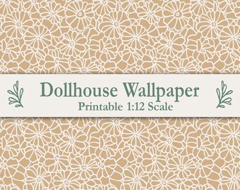 Dolls House Wallpaper 1:12 Scale Printable Yellow Ochre Outline Flower Pattern Fits Maileg Mice IKEA FLISAT Compatible Living Room Miniature