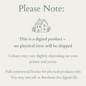 Op de afbeelding: Een digitale productkennisgeving met de tekst "Please Note:" in een groene letter. Hieronder een kleine huisillustratie. De tekst vermeldt dat het een digitaal product is en dat er geen fysiek item wordt verzonden. Kleuren kunnen vari&euml;ren, afhankelijk van de printer en het scherm.