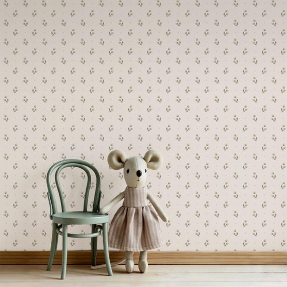 Cream Sage Green Berry Delicate Dollhouse Wallpaper Miniature Print Mouse House Decor Whimsical Nursery Cottage Style Digital Download