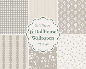 Maileg Dollhouse Wallpaper Bundle 1:12 Scale Warm Taupe Miniature Wallpaper Set Printable Dolls House Decor Mini House Co-ordinated Pack