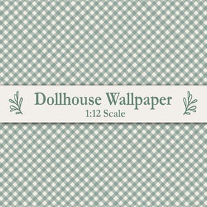 May include: Dollhouse wallpaper in a classic gingham pattern. The background is a light teal color with a grid of white squares. The text "Dollhouse Wallpaper 1:12 Scale" is displayed on a cream-colored banner.