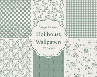 Maileg Dollhouse Wallpaper Bundle 1:12 Scale Sage Green Miniature Wallpaper Set Printable Dolls House Decor Mini House Co-ordinated Pack