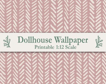 Dusty Pink Watercolor Herringbone Dollhouse Wallpaper Printable 1:12 Scale Miniature Nordic Dolls House Fits Maileg Mouse & Ikea Flisat