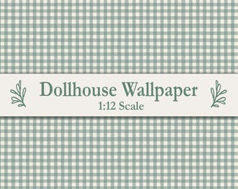 Sage Green Cream Gingham Dollhouse Wallpaper Miniature Print Mouse House Decor Whimsical Nursery Cottage Style Digital Download Dolls Greige