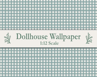 Teal Cream Gingham Dollhouse Wallpaper Miniature Print Mouse House Decor Whimsical Nursery Cottage Style Digital Download Dolls Blue Green