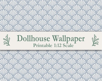 Art Deco Dollhouse Wallpaper Printable 1:12 Blue Cream Scallop Fan Pattern Fits Maileg IKEA FLISAT Miniature Wallpaper Dolls Mouse House