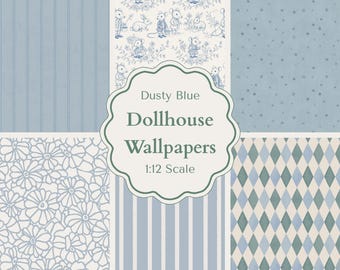 Maileg Dollhouse Wallpaper Bundle 1:12 Scale Dusty Blue Miniature Wallpaper Set Printable Dolls House Decor Mini House Co-ordinated Pack