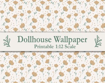 Dollhouse Wallpaper Printable 1:12 Scale Yellow Ochre on Cream Floral Miniature Wall Decor for Maileg & IKEA Flisat Dolls House JPG Download