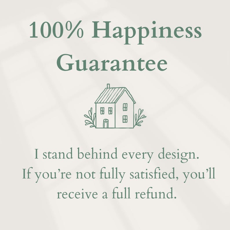 Op de afbeelding: Lichtbeige achtergrond met de tekst "100% Happiness Guarantee" in een donkergroen lettertype. Daaronder een kleine huisillustratie en de tekst "I stand behind every design. If you're not fully satisfied, you'll receive a full refund."