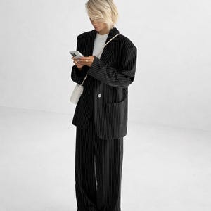 Black Pinstripe Pantsuit Oversized Blazer Wide Leg Trousers Matching Set Women Elegant Office Outfit Chic Tailored Co Ord Black