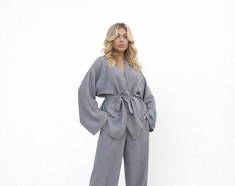 Linen Kimono Set Wide Leg Pants | Boho Two Piece Suit Women Oversized Wrap Top Palazzo Lounge Outfit Belt One Size