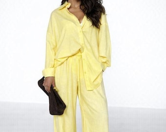 Linne-set Dam | Överdimensionerade Skjorta Vida Ben Palazzobyxor | 2-delad Matchande Boho Semesterresort Lounge Outfit