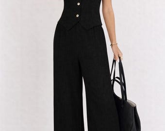 Conjunto de lino para mujer, estilo bohemio, pantalón ancho, chaleco, verano, sin mangas, minimalista, cintura alta, casual, elegante y transpirable.