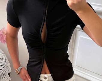 Fitted Hook And Eye Top Ruched Front Short Sleeve Mock Neck Y2K Aesthetic Bodycon Tshirt Viscose Blouse Trendy Slim Women
