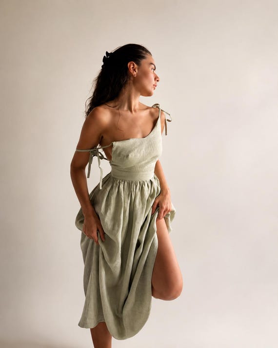 Linen dress summer maxi open back sage green boho casual clothing women sundress tie strap beach holiday wear minimal fashion custom color
