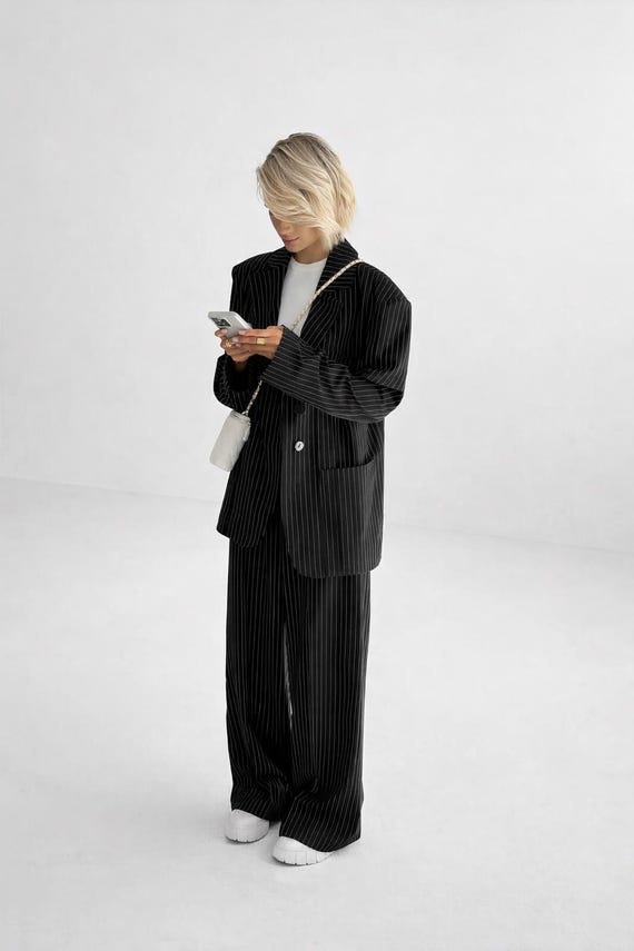 Black Pinstripe Pantsuit Oversized Blazer Wide Leg Trousers Matching Set Women Elegant Office Outfit Chic Tailored Co Ord