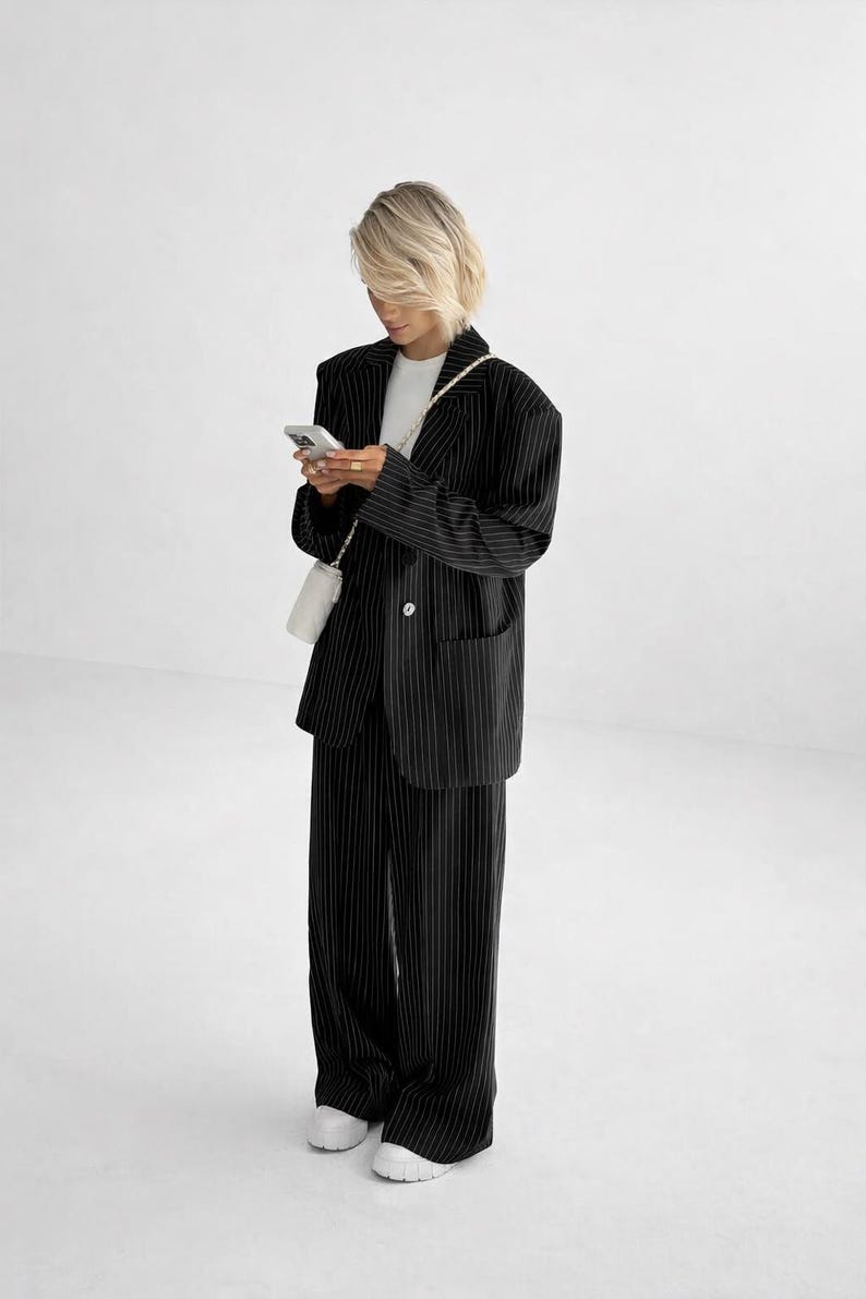 Black Pinstripe Pantsuit Oversized Blazer Wide Leg Trousers Matching Set Women Elegant Office Outfit Chic Tailored Co Ord Black