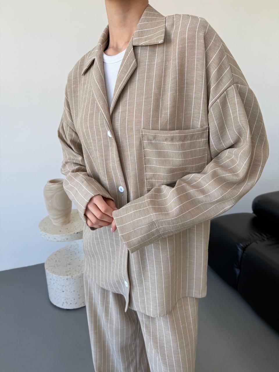 Linen Striped Pajama Set Women Oversized Shirt Wide Leg Pants Elastic Waist Sleepwear Loungewear Matching Two Piece Cozy Gift