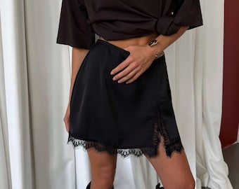 Satin Mini Skirt Lace Trim Slit Slip Black White Y2K Coquette Romantic Summer Party Wear Elegant Short Bottom Handmade Casual Basic