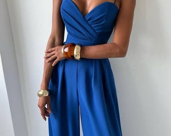 Weites Bein-formaler Jumpsuit Spaghetti-Träger-Schatz-Ausschnitt | Elegantes Plissee Palazzo Frauen-Abend-Party Hochzeit Gast Outfit