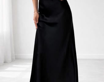 Satin Maxi Skirt Elastic Waist Long Elegant Slip Beige Navy Emerald Black Gray Mocha Bridesmaid Office Minimalist Gift