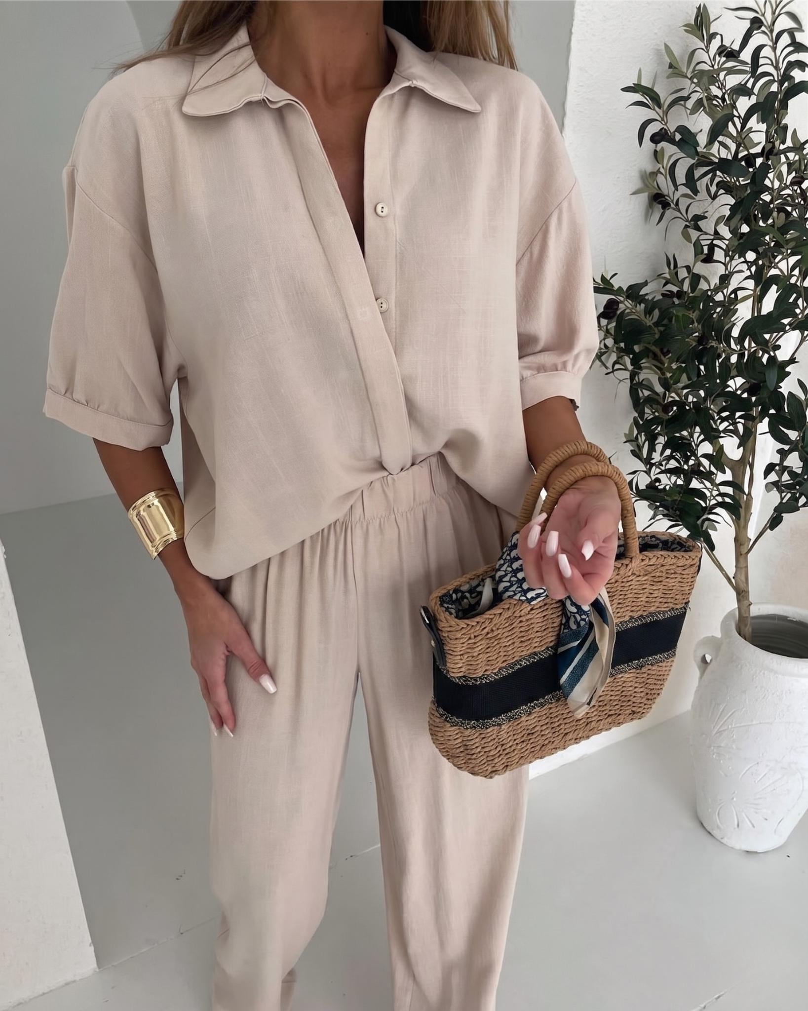 Women's Linen Two Piece Set: Oversized Button Down Shirt, Wide Leg Pants Outfit, Minimalist Boho Summer Lounge Wear, Breathable Fabric Suits