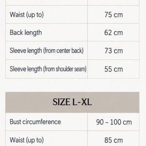May include: A size chart for garments with text reading SIZE CHART, ALL MEASUREMENTS ARE IN CENTIMETERS AND TAKEN ON THE GARMENT. It lists dimensions for sizes S-M and L-XL, including bust circumference, waist, back length, and sleeve lengths in cm.