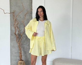 Womens linen shorts set two piece oversized shirt summer loungewear pink yellow matching outfit boho resort wear vacation casual apparel