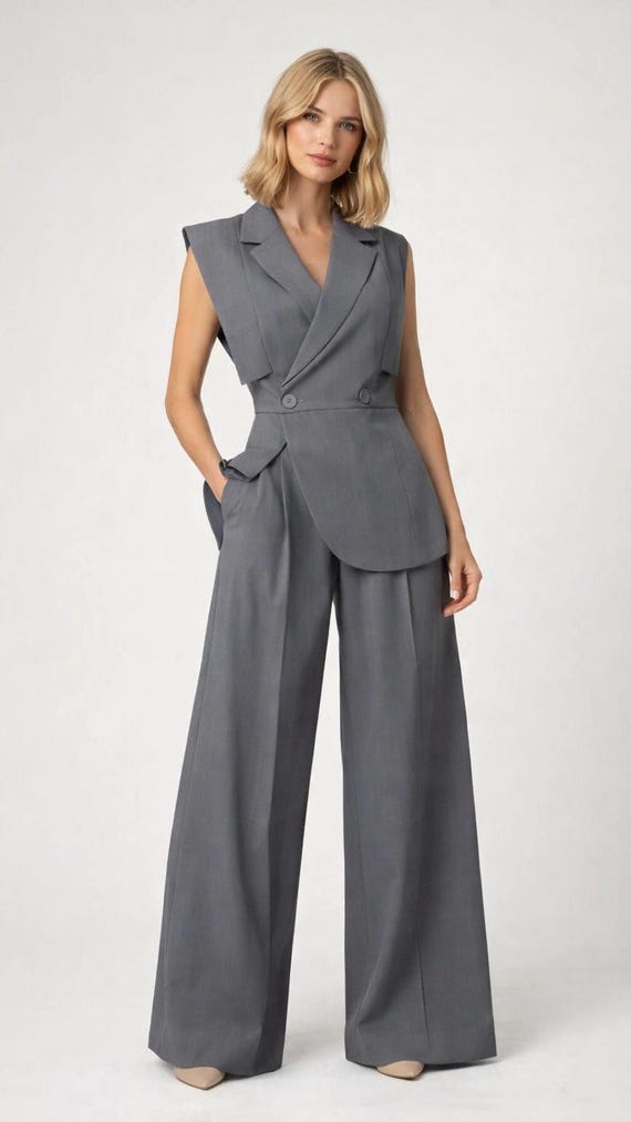 Elegant sleeveless pantsuit with tailored vest, wide leg trousers, minimalist office outfit, chic formal matching set for women