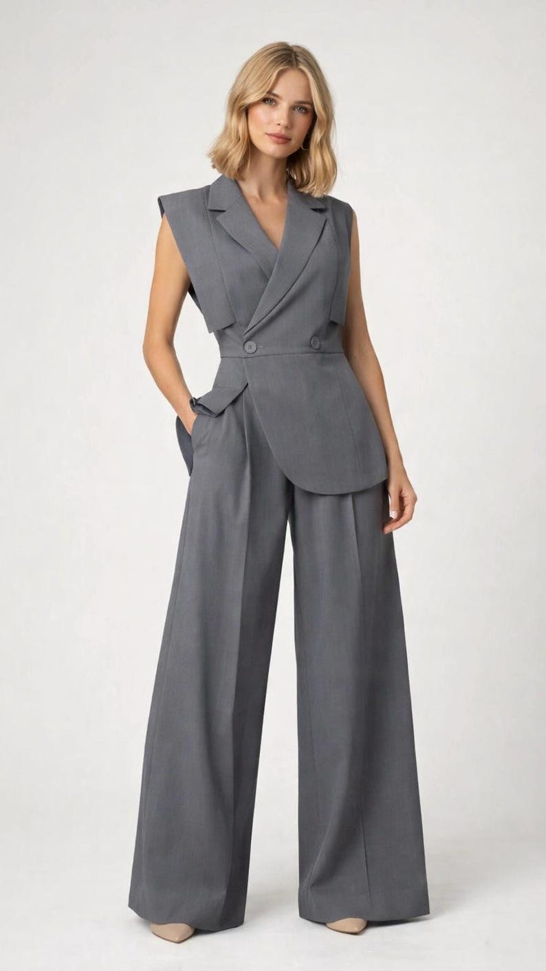 K&ouml;nnte beinhalten: Graues &auml;rmelloses Blazer- und Hosen-Set mit weitem Bein. Der Blazer hat ein doppelreihiges Design mit Wickel-Front und Schulterpolstern. Die Hose ist hoch tailliert mit weitem, flie&szlig;endem Bein. Das Outfit ist aus einem einfarbigen grauen Stoff gefertigt.