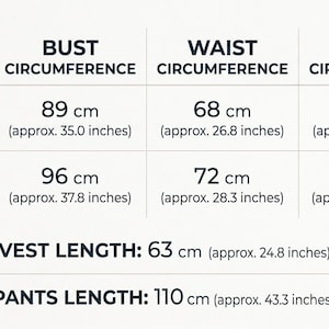 May include: Size chart showing measurements in centimetres and inches. Includes bust, waist, and hip circumference for sizes S-M and L-XL. Vest length is 63 cm (approx. 24.8 inches), and pants length is 110 cm (approx. 43.3 inches).