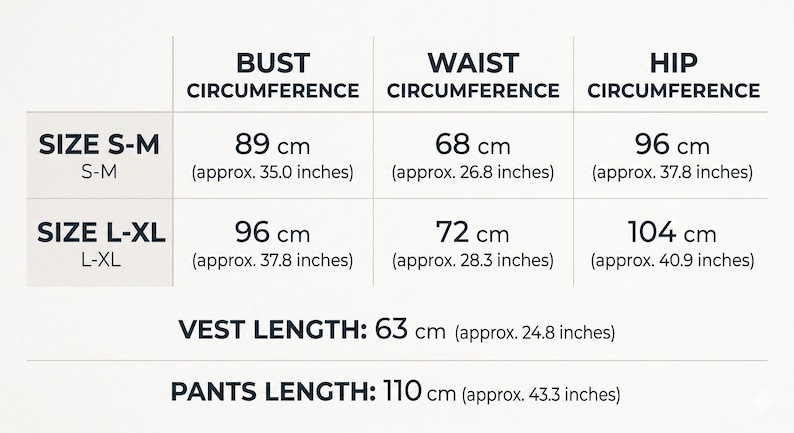 May include: Size chart showing measurements in centimetres and inches. Includes bust, waist, and hip circumference for sizes S-M and L-XL. Vest length is 63 cm (approx. 24.8 inches), and pants length is 110 cm (approx. 43.3 inches).