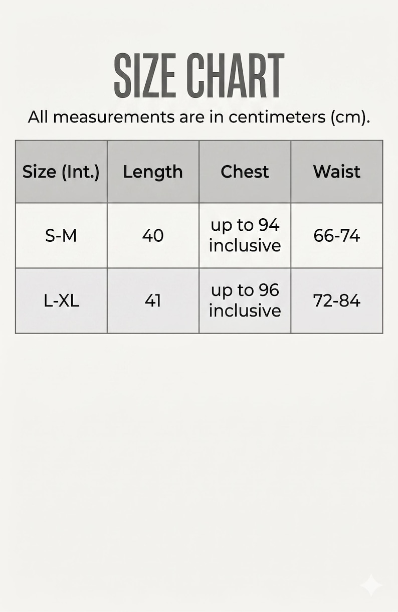 May include: Size chart with measurements in centimeters. The chart includes sizes S-M and L-XL, with corresponding length, chest, and waist measurements. The text "SIZE CHART" is at the top.