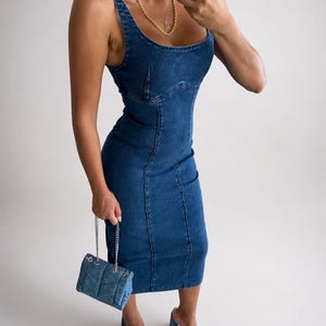 Fitted Denim Midi Dress Blue Jean Bodycon Summer Cotton Sundress Strap Corset Style Y2K Casual Sleeveless Square Neck Form Apparel image 4
