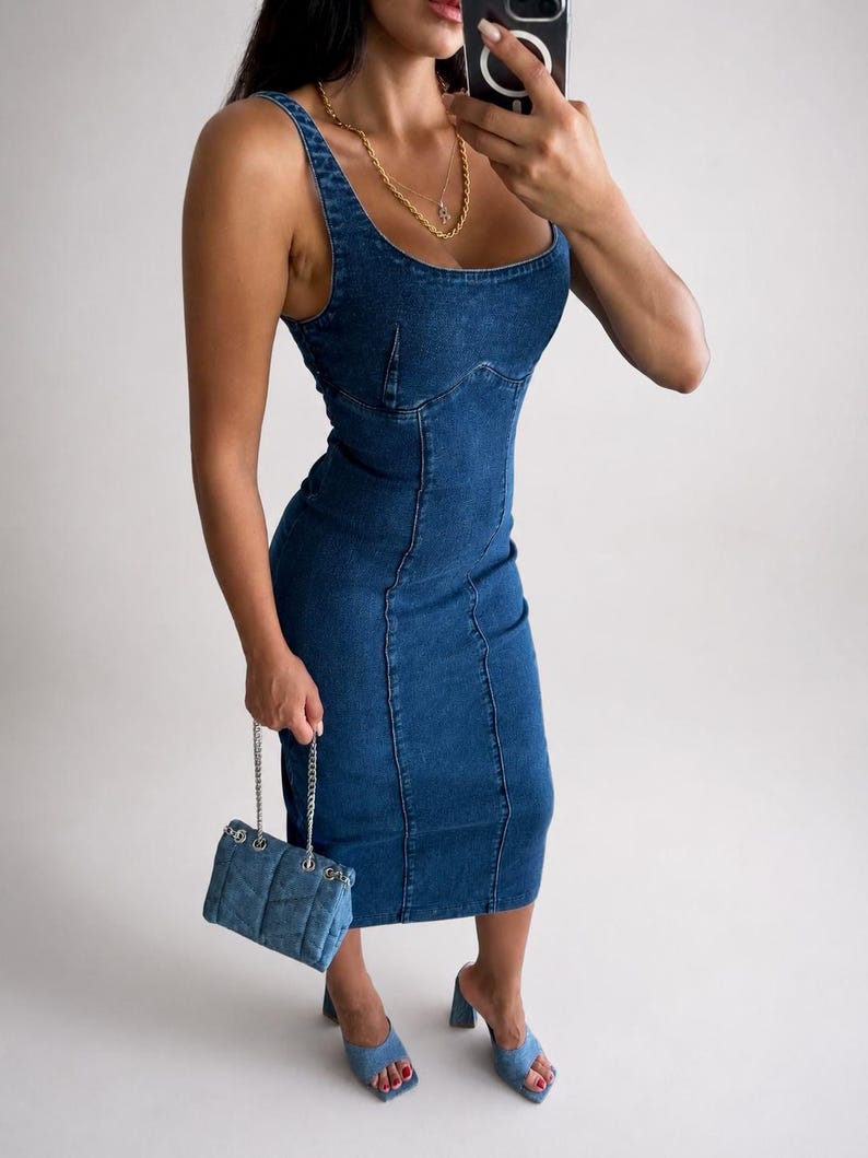 Fitted Denim Midi Dress Blue Jean Bodycon Summer Cotton Sundress Strap Corset Style Y2K Casual Sleeveless Square Neck Form Apparel image 4