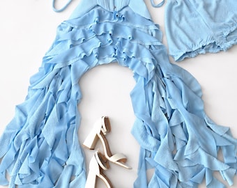 Ruffle Corset Dress Set Chiffon Knit Shorts Romantic Party Outfit Coquette Birthday Festival Evening Look Blue Black White Burgundy
